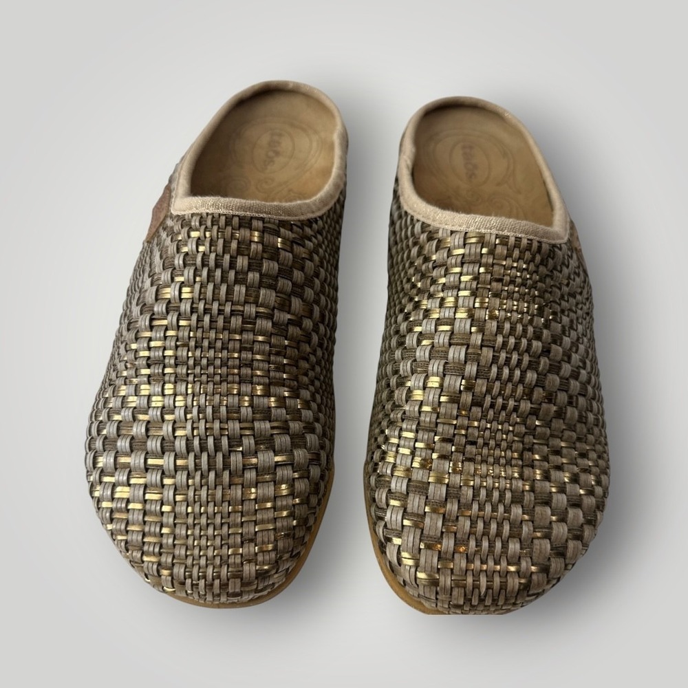 Taos Primavera Woven Leather Tan Bronze Basketweave Clogs Cork Sandals US 8 8.5